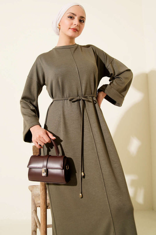 Double Sleeve Rope-Tied Dress Khaki