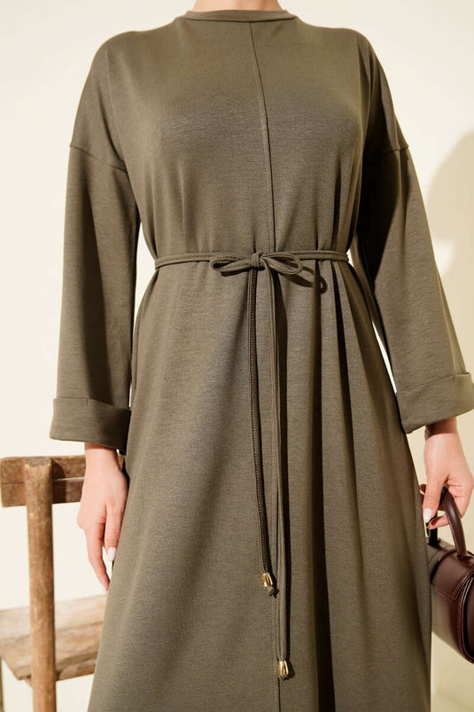 Double Sleeve Rope-Tied Dress Khaki