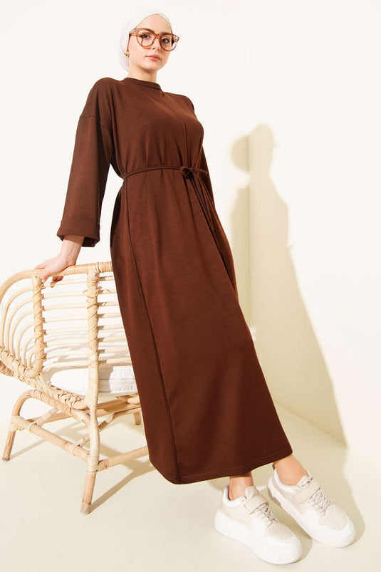 Double Sleeve Rope-Tied Dress Brown
