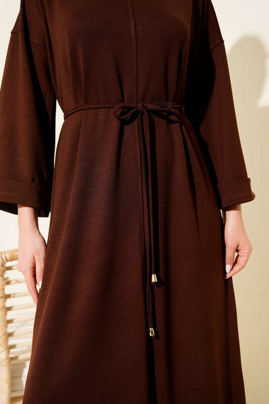 Double Sleeve Rope-Tied Dress Brown