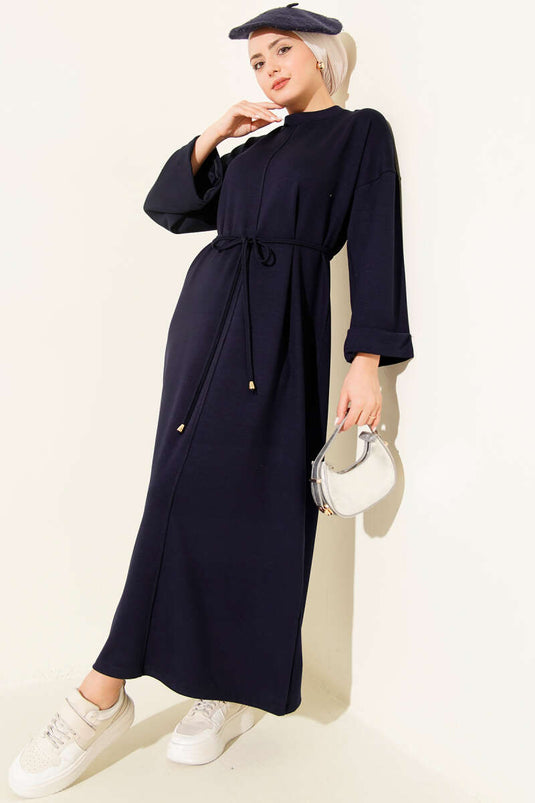 Double Sleeve Rope-Tied Dress Navy Blue
