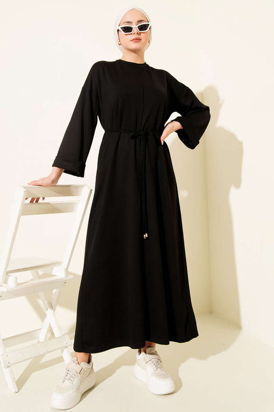 Double Sleeve Rope-Tied Dress Black