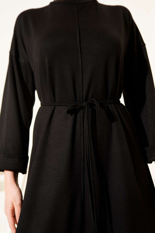 Double Sleeve Rope-Tied Dress Black