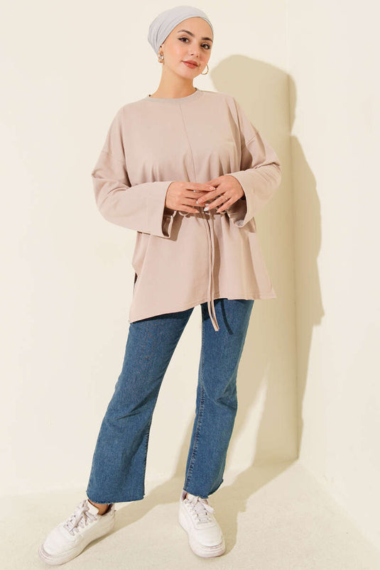 سترة طويلة برباط، بأكمام مزدوجة، لون بيج