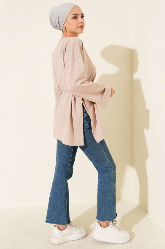 سترة طويلة برباط، بأكمام مزدوجة، لون بيج