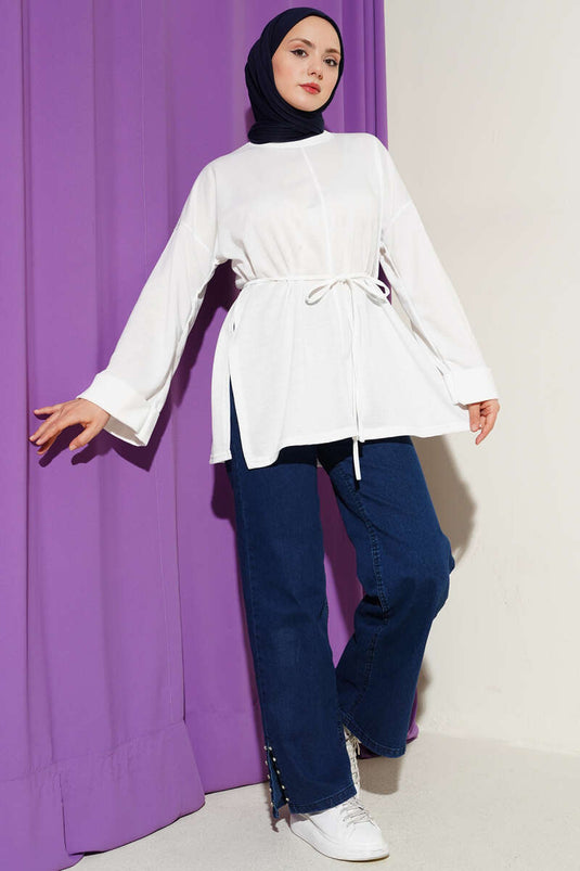 Double Sleeve String-Tied Tunic White