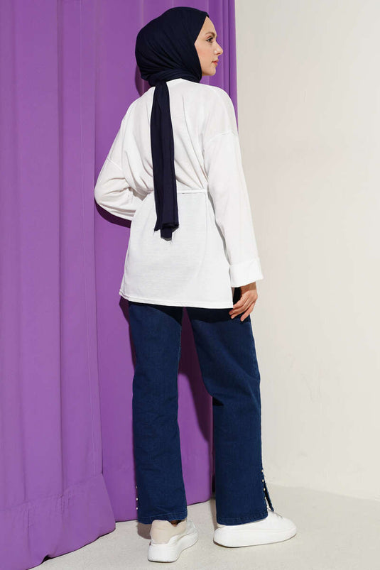 Double Sleeve String-Tied Tunic White