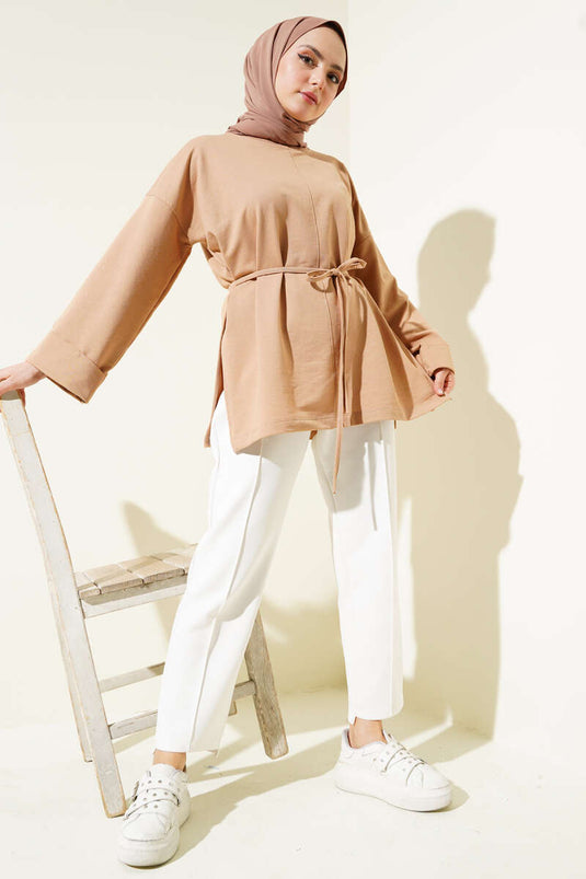 Tunica con cordoncino a doppio filo colore cammello