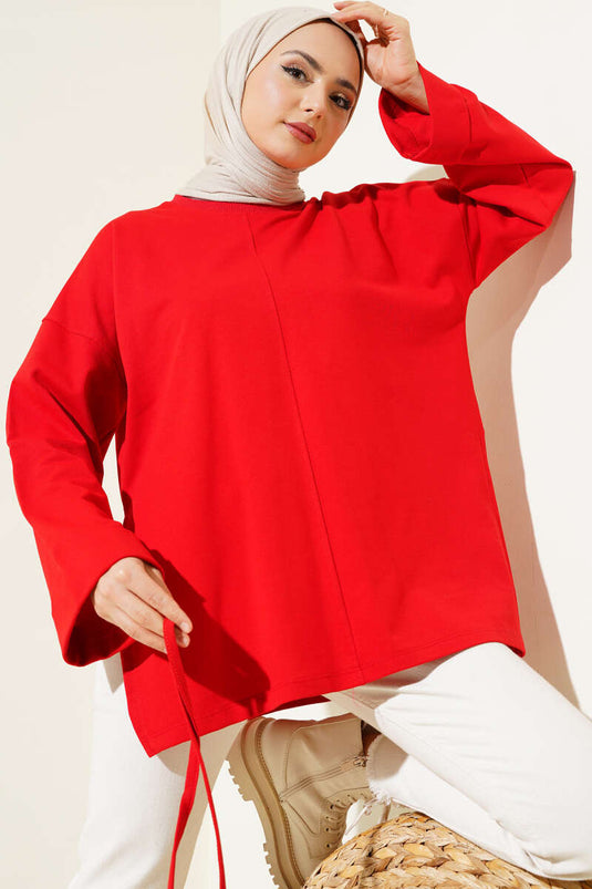 Doppelärmelige Tunika aus Seil und Spitze in Rot