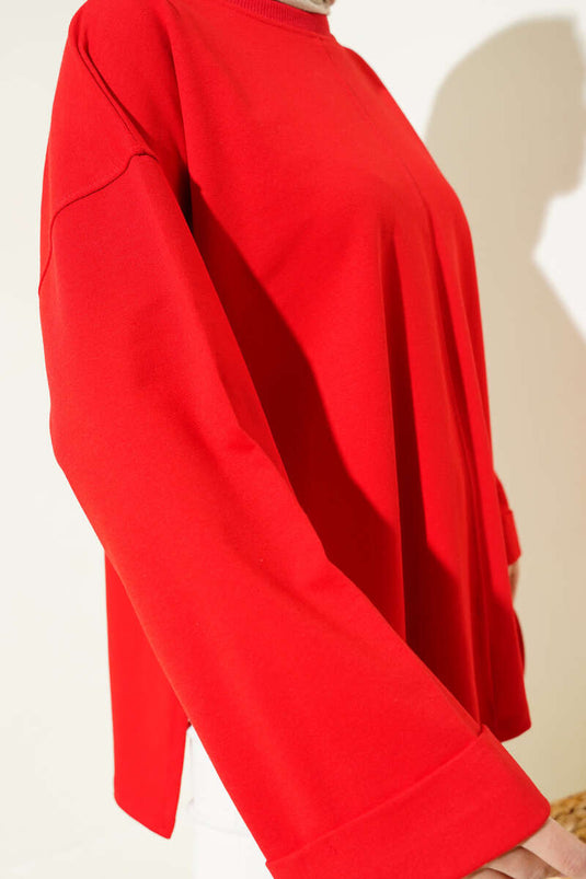 Doppelärmelige Tunika aus Seil und Spitze in Rot