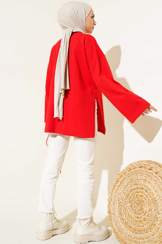 Doppelärmelige Tunika aus Seil und Spitze in Rot