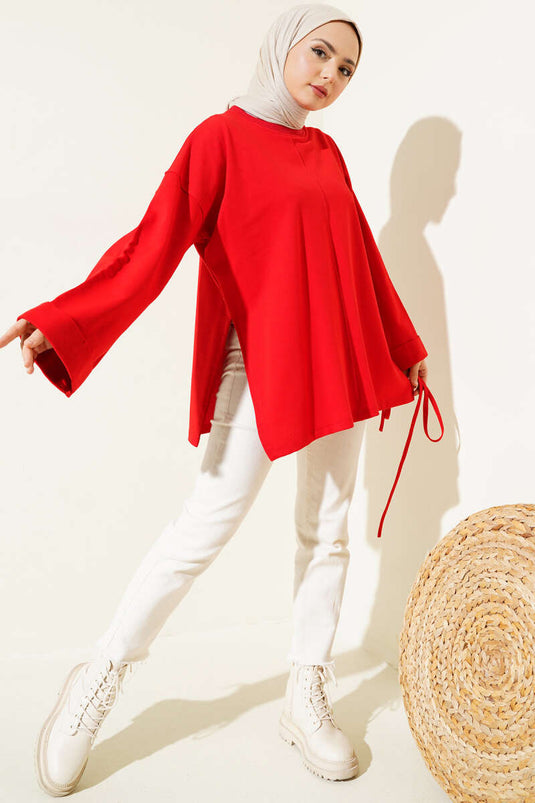 Doppelärmelige Tunika aus Seil und Spitze in Rot