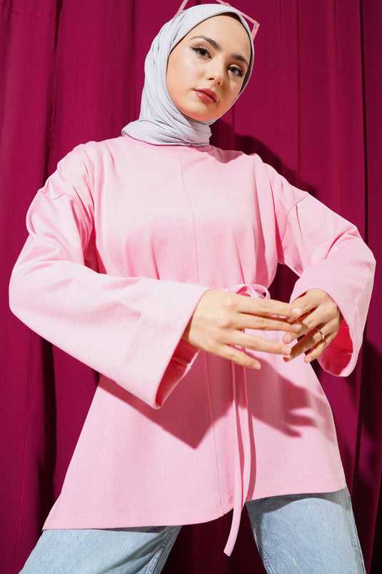 Duble Kol İp Bağcıklı Tunik Pembe