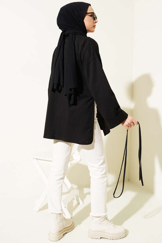 Double Sleeve Rope Tied Tunic Black