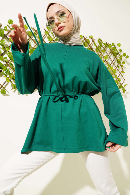 Tunique à manches doubles et lacets en corde émeraude