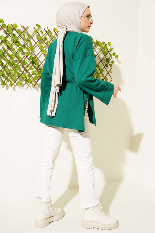 Tunique à manches doubles et lacets en corde émeraude