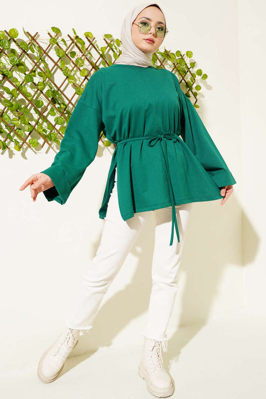 Tunique à manches doubles et lacets en corde émeraude