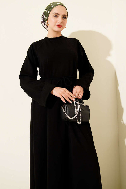 Double Sleeve Rope Belted Caftan Dress Black