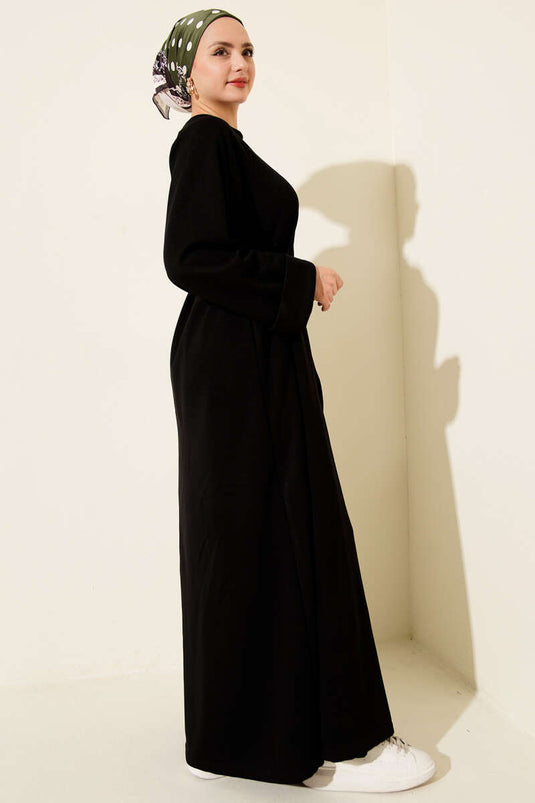 Double Sleeve Rope Belted Caftan Dress Black