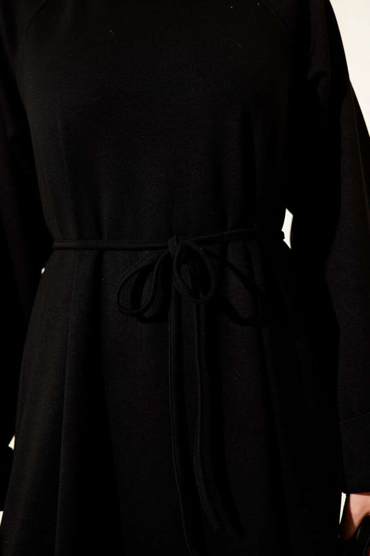 Double Sleeve Rope Belted Caftan Dress Black