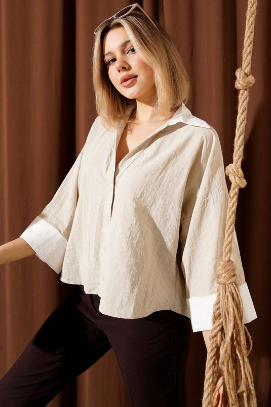 Double Sleeve Oversized Short Shirt Beige