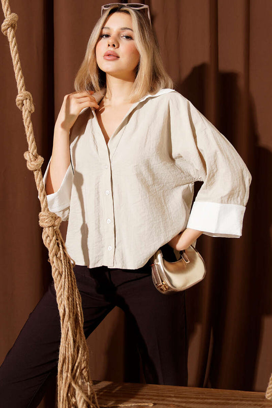Double Sleeve Oversized Short Shirt Beige