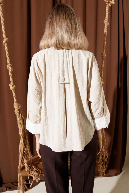 Double Sleeve Oversized Short Shirt Beige