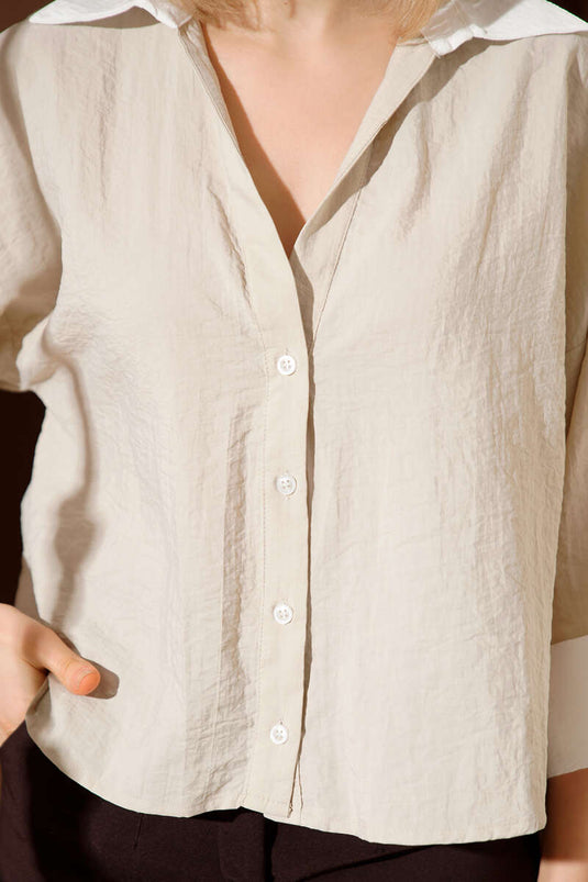 Double Sleeve Oversized Short Shirt Beige