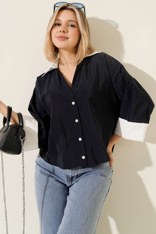 قميص قصير واسع بأكمام مزدوجة باللون الأزرق الداكن