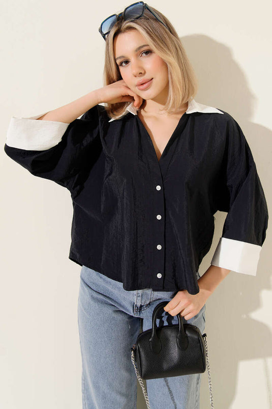 قميص قصير واسع بأكمام مزدوجة باللون الأزرق الداكن