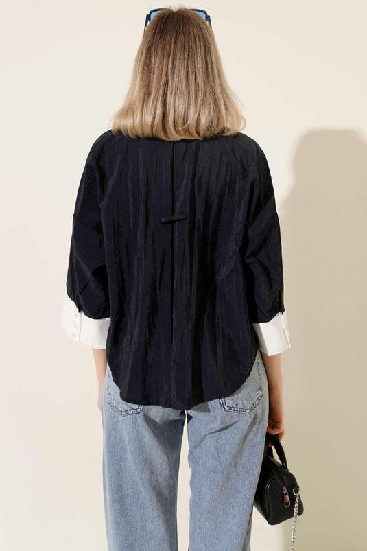 قميص قصير واسع بأكمام مزدوجة باللون الأزرق الداكن