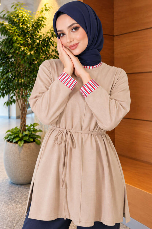 Beige Strick-Tunika Mit Doppelmanschette