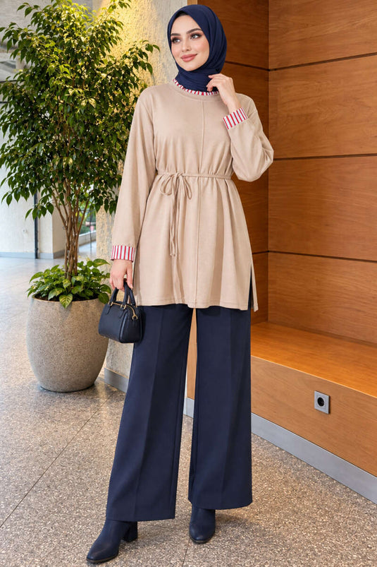 Beige Strick-Tunika Mit Doppelmanschette