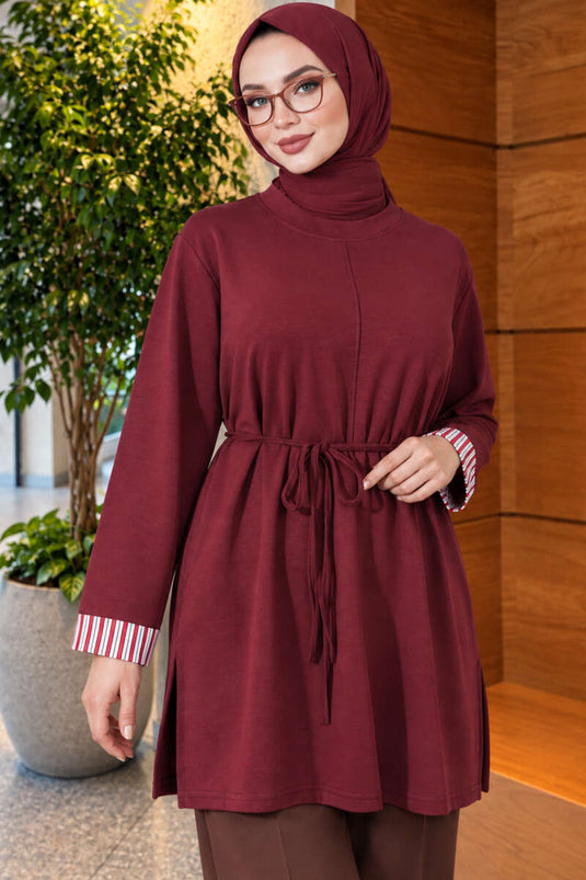 Duble Kol Yaka Garnili Tunik Bordo