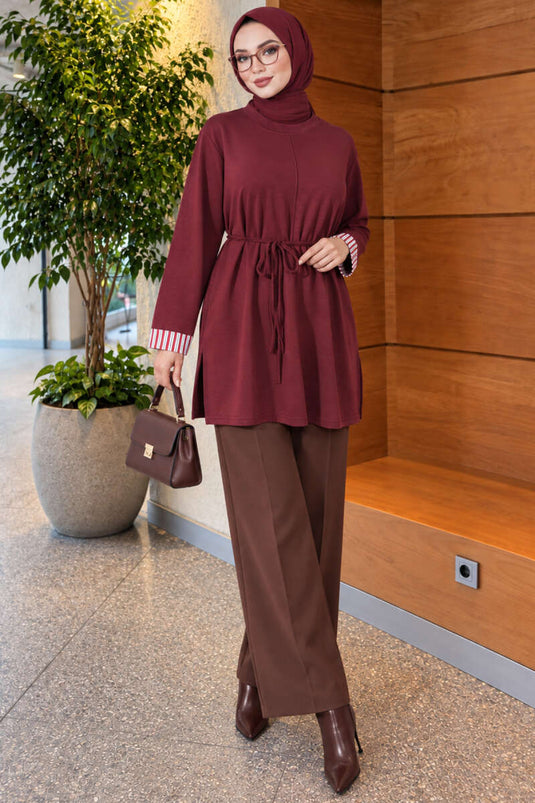Duble Kol Yaka Garnili Tunik Bordo