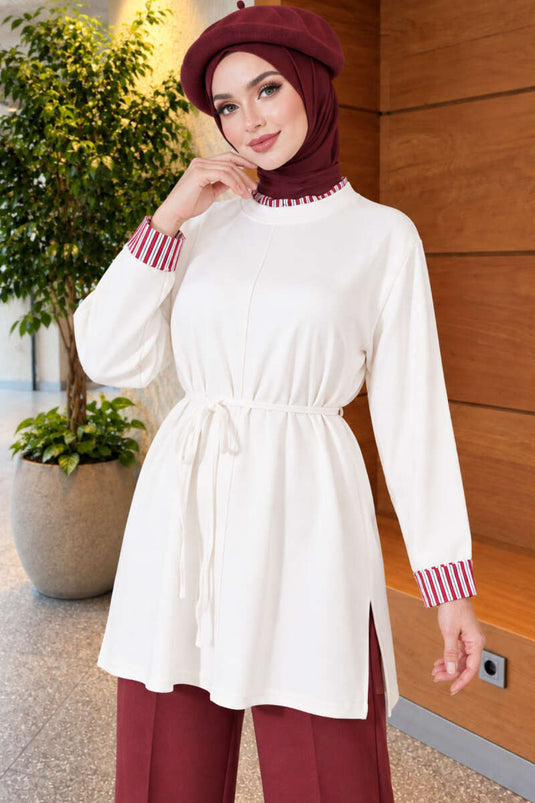 Beige Stricktunika Mit Doppeltem Ärmel