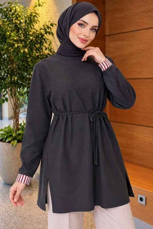 Duble Kol Yaka Garnili Tunik Füme