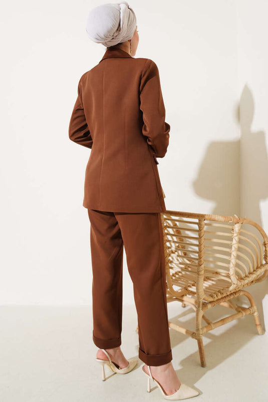 Double-Breasted Jacketed Two-Piece Set Coffee