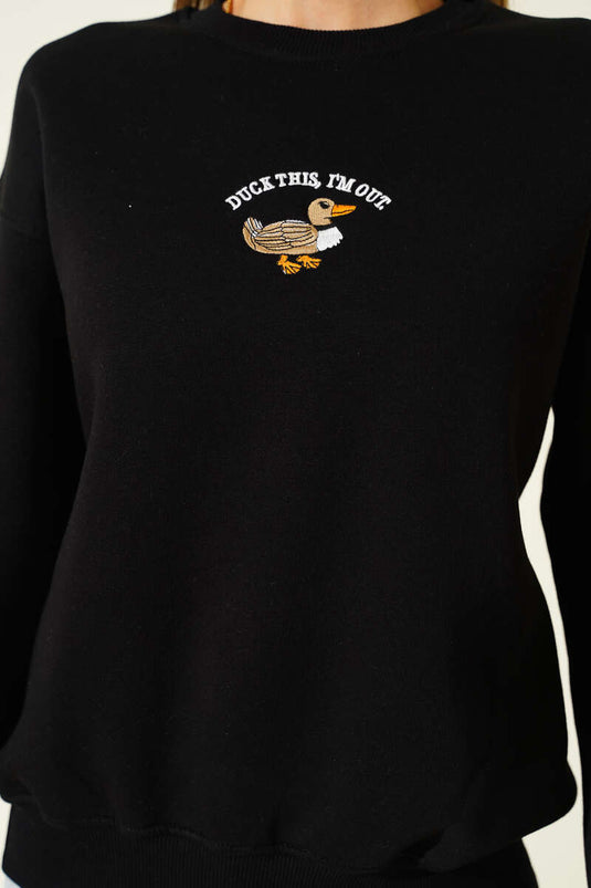 Sweat-shirt noir brodé de canard