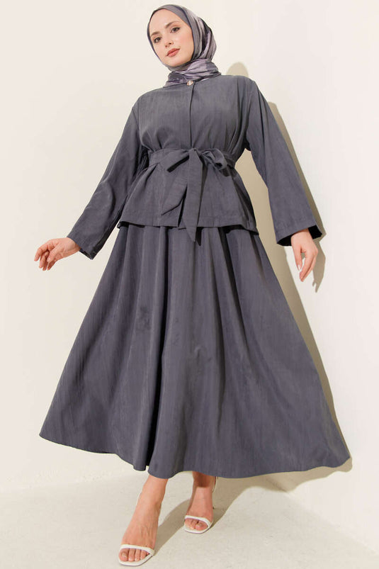 Gold Düğme Detaylı Tensel Etekli İkili Takım Kayrak Grisi