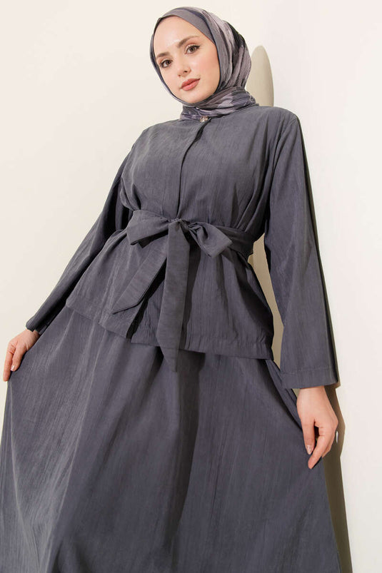 Gold Düğme Detaylı Tensel Etekli İkili Takım Kayrak Grisi