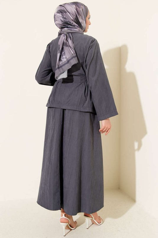 Gold Düğme Detaylı Tensel Etekli İkili Takım Kayrak Grisi