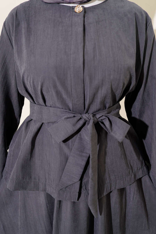 Gold Düğme Detaylı Tensel Etekli İkili Takım Kayrak Grisi