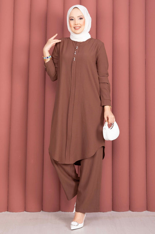 Ensemble tunique et pantalon avec bouton, couleur café