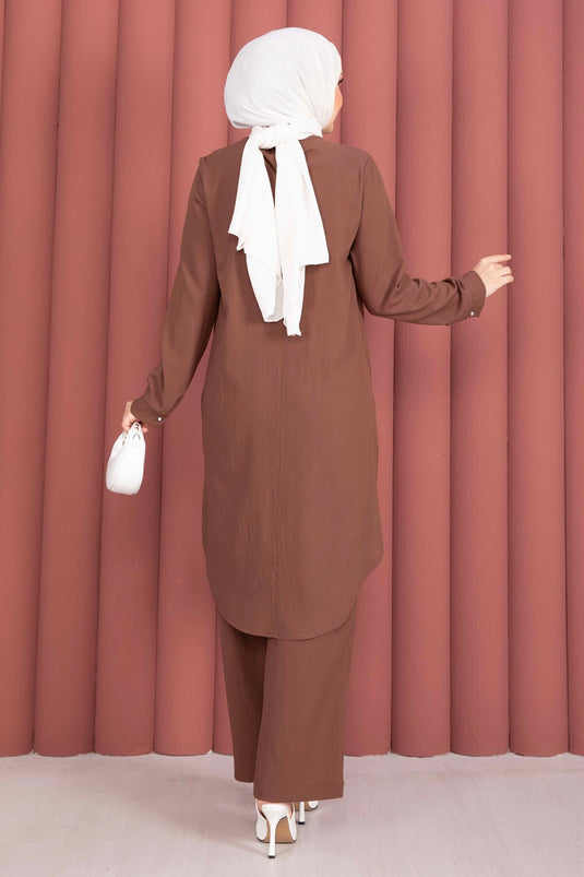 Ensemble tunique et pantalon avec bouton, couleur café
