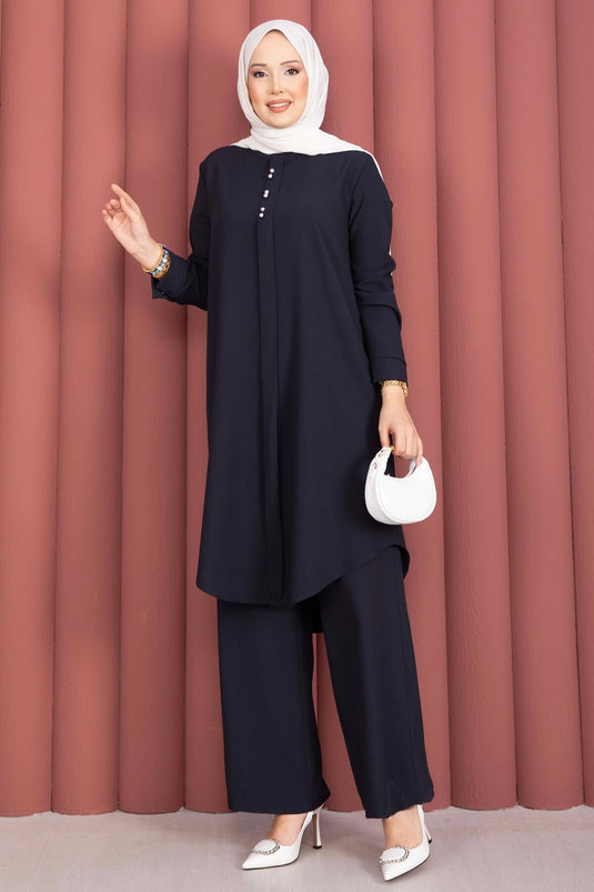 Button Accessory Tunic and Pants Set Navy Blue