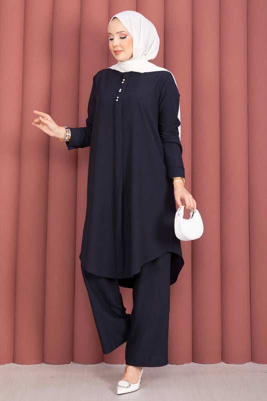 Ensemble tunique et pantalon avec bouton, bleu marine