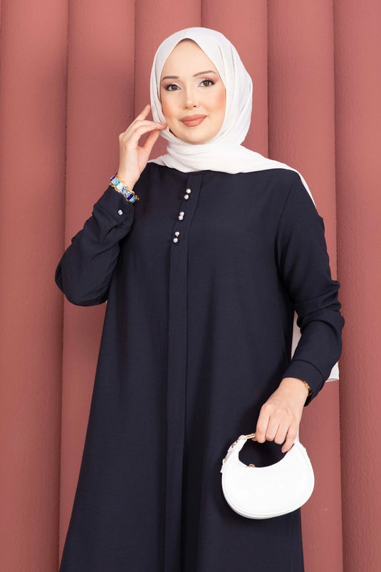 Ensemble tunique et pantalon avec bouton, bleu marine