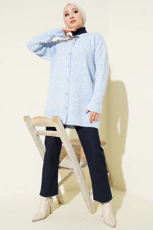 Button Detail Basic Knit Cardigan Blue