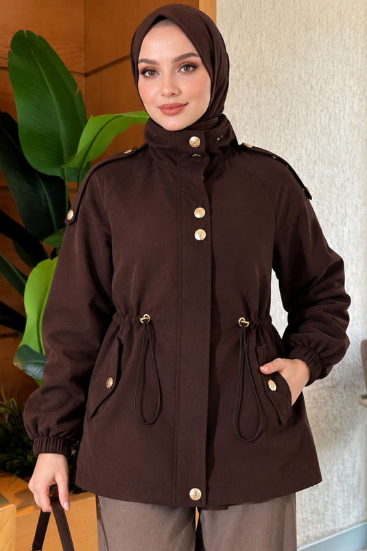 Trench Coat Marrone Con Dettagli Bottoni E Cintura